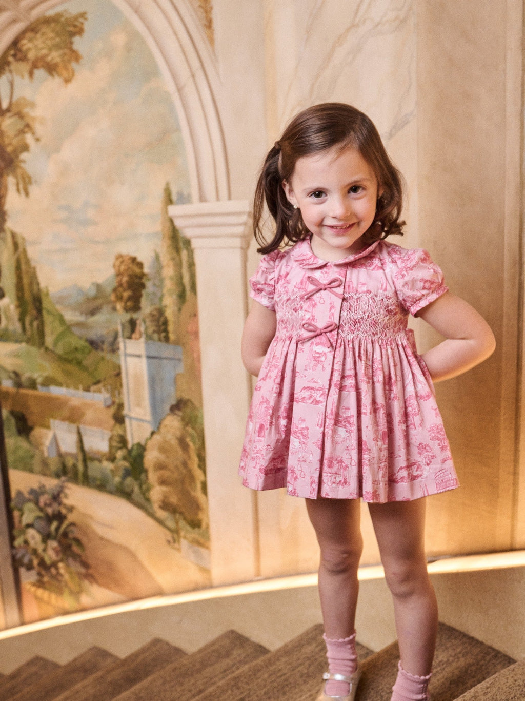 Nicky Hilton x La Coqueta Pink Toile de Jouy Theodora Baby Girl Hand-Smocked Set