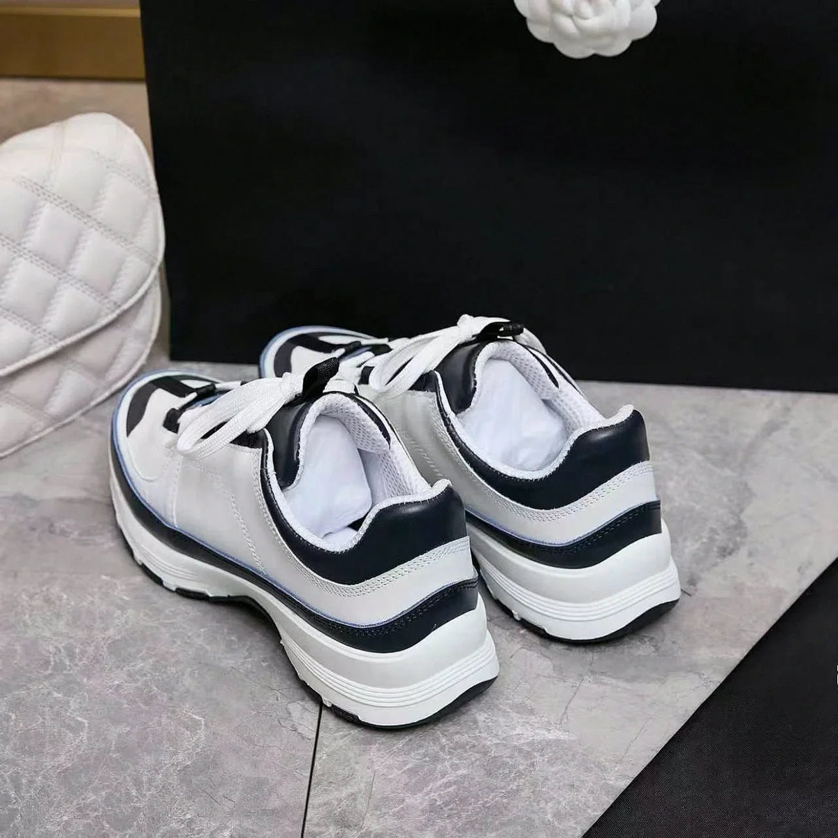 Men's White Navy Color Block Sneakers – Faux Leather Lace-Up Thick Sole