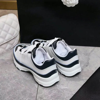 Men's White Navy Color Block Sneakers – Faux Leather Lace-Up Thick Sole