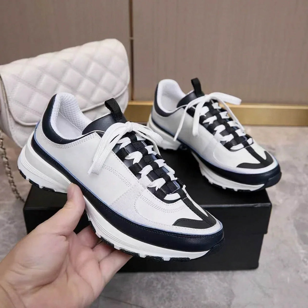 Men's White Navy Color Block Sneakers – Faux Leather Lace-Up Thick Sole