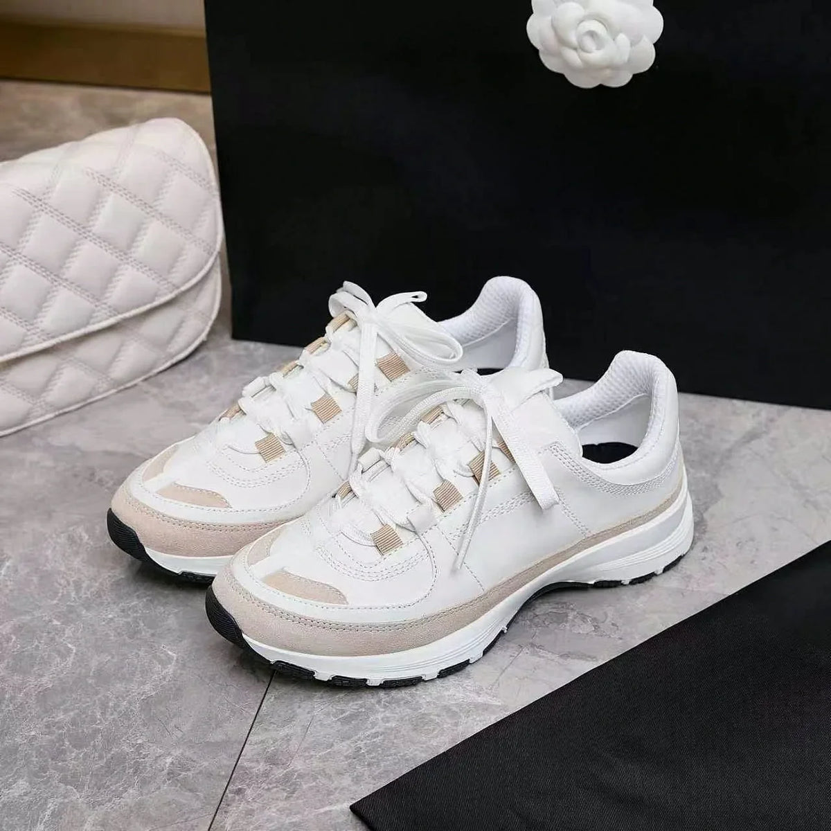 Men's White Beige Color Block Sneakers – Suede Lace-Up Thick Sole