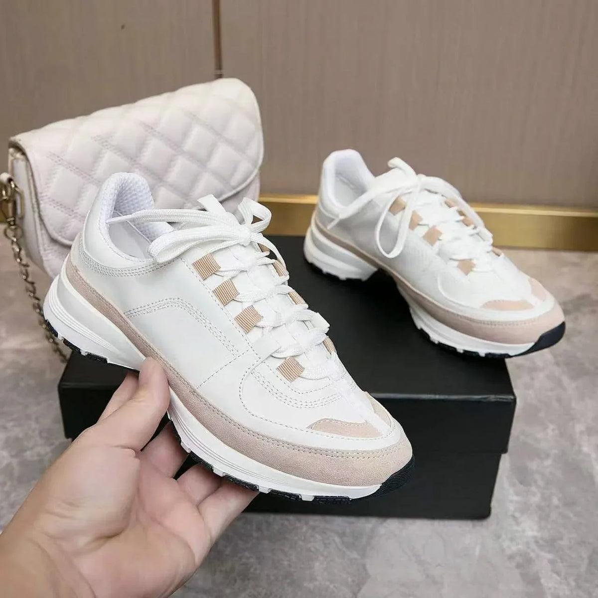 Men's White Beige Color Block Sneakers – Suede Lace-Up Thick Sole