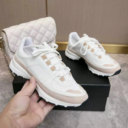 Men's White Beige Color Block Sneakers – Suede Lace-Up Thick Sole