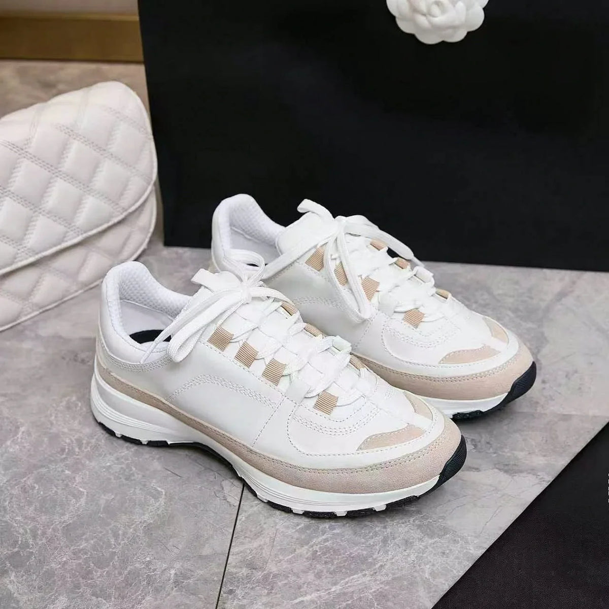 Men's White Beige Color Block Sneakers – Suede Lace-Up Thick Sole