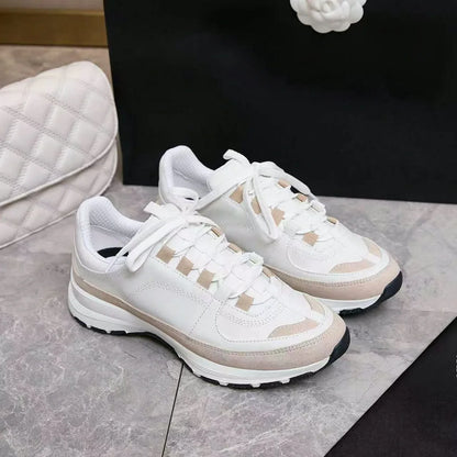 Men's White Beige Color Block Sneakers – Suede Lace-Up Thick Sole
