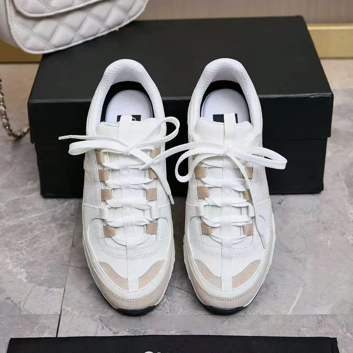 Men's White Beige Color Block Sneakers – Suede Lace-Up Thick Sole