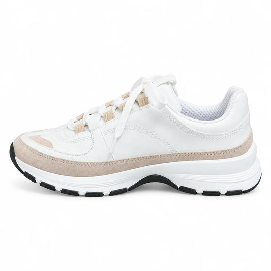 Men's White Beige Color Block Sneakers – Suede Lace-Up Thick Sole