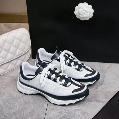 Men's White Navy Color Block Sneakers – Faux Leather Lace-Up Thick Sole