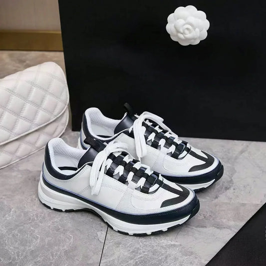 Men's White Navy Color Block Sneakers – Faux Leather Lace-Up Thick Sole