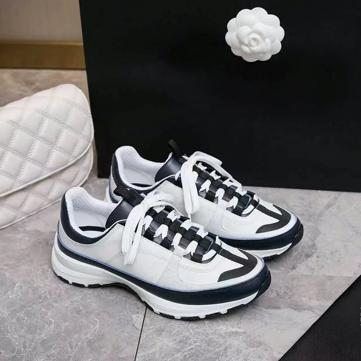Men's White Navy Color Block Sneakers – Faux Leather Lace-Up Thick Sole
