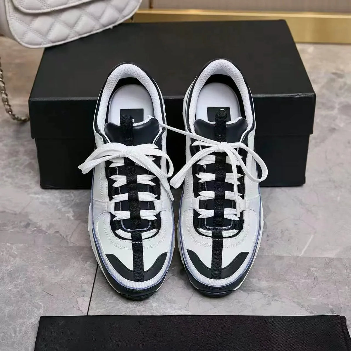 Men's White Navy Color Block Sneakers – Faux Leather Lace-Up Thick Sole