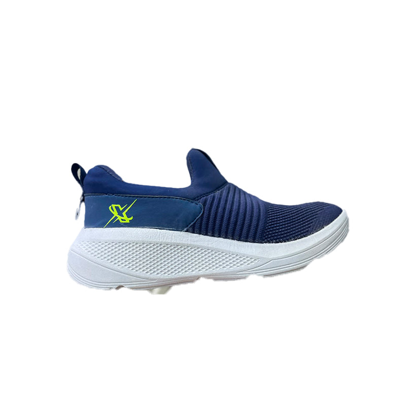 Navy knit slip-on running shoe, front angled view with lime green logo