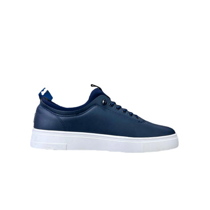 Navy leather low-top sneaker, front view showing blue laces
