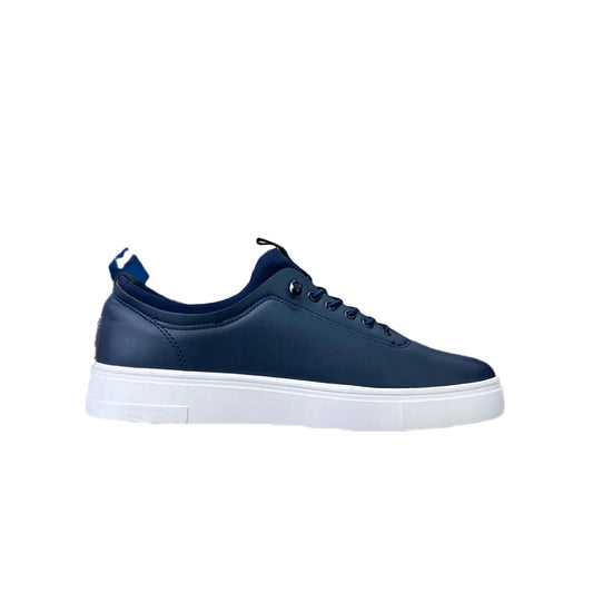 Navy leather low-top sneaker, front view showing blue laces