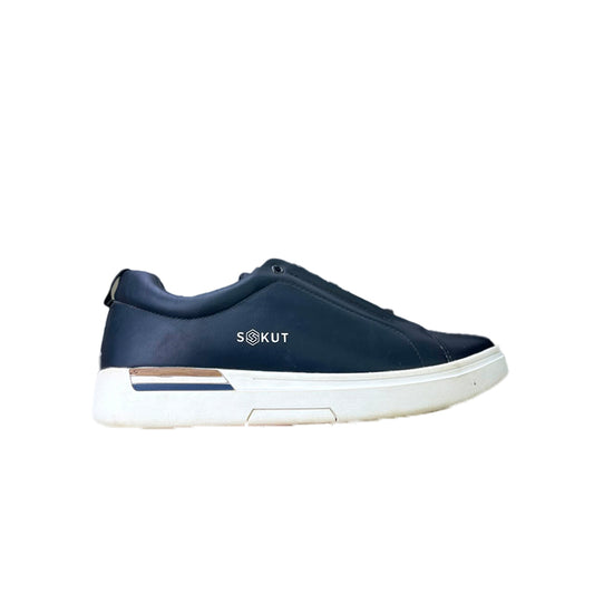 Navy leather slip-on sneaker by SOKUT, front view showing elastic gusset