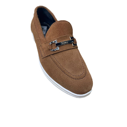 Tan suede horsebit loafer with silver buckle, angled front view
